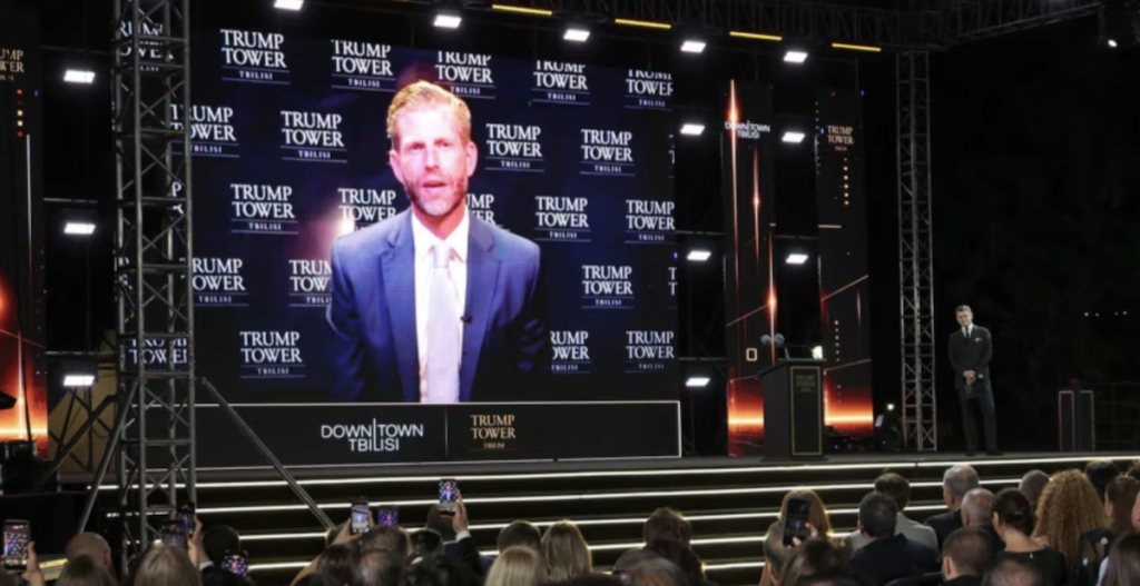 Eric Trump addresses Trump Tower presentation in Tbilisi remotely