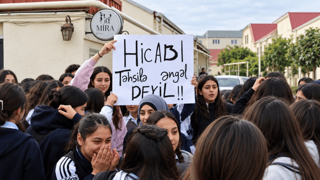 Protest outside School No. 69 in Baku’s Balakhany settlement: “The hijab does not prevent anyone from getting an education.”
The ban on wearing hijabs in Azerbaijan’s schools